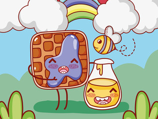 breakfast cute waffle with and honey bottle cartoon