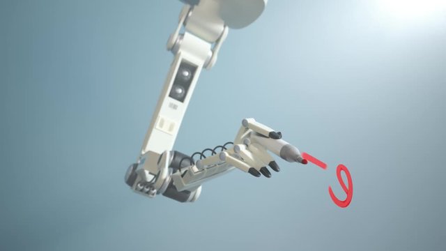 Futuristic robot arm writing on the glass  Einstein`s most famous formula. 4k