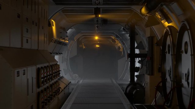 Futuristic Sci-Fi Industrial Corridor with Flickering Yellow Light