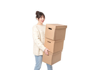 woman carrying stack of cardboard boxes.