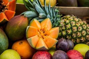 Naklejka na ściany i meble fresh fruits, vitamins on the market