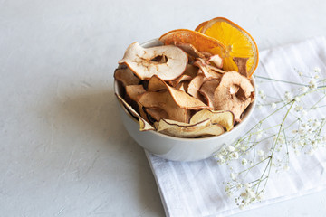 Top view, fruit chips, healthy snacks to eat, homemade apple chips for breakfast