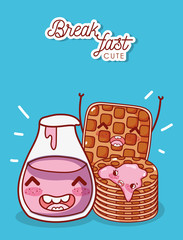 breakfast cute pancakes and waffle with yogurt bottle cartoon