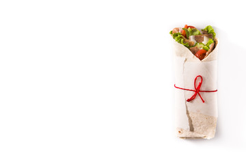 Doner kebab or shawarma sandwich isolated on white background top view copy space