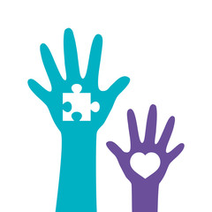 hands of colors with puzzle piece and heart vector illustration design