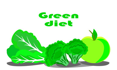 Healthy food, green diet, lettuce, broccoli and green apple on a white background, copy space.