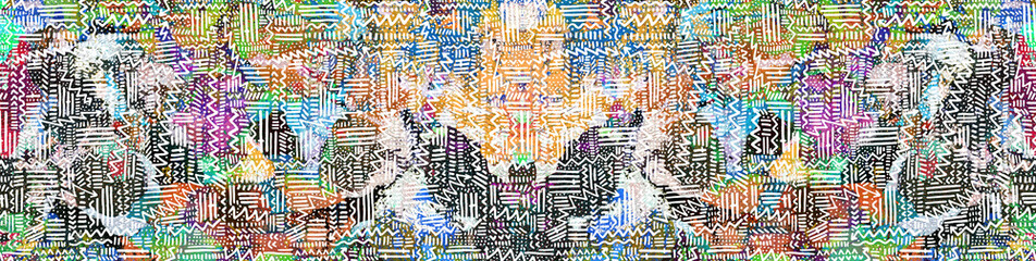 Modern multicolor spotted pop art digital composition with lines, dots and waves and arrows.