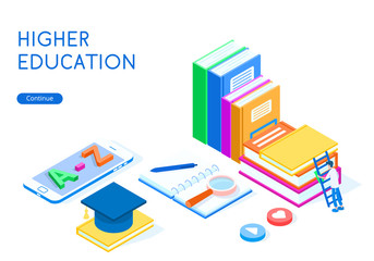 Online education concept. A student climbs onto a stack of books, next to it lies a smartphone and a graduate hat. White background