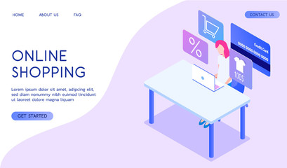 Online shopping concept with gradient. Girl sitting at the table and doing online shopping, paying with credit card.