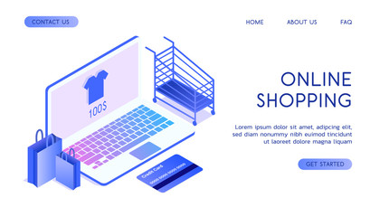 Online shopping concept with gradient. Online purchases through the Internet. The laptop is on a white background, next to are packages, a trolley and a credit card