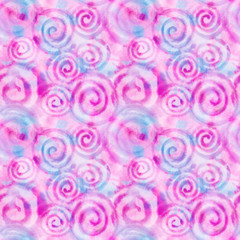 Watercolor pink spiral abstract background with splashes, drops. Hand-painted texture. Seamless pattern. Watercolor stock illustration. Design for backgrounds, wallpapers, covers, textile, packaging.