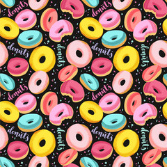 Tasty colorful donuts with glaze and sprinkles. Hand drawn seamless pattern on dark background.