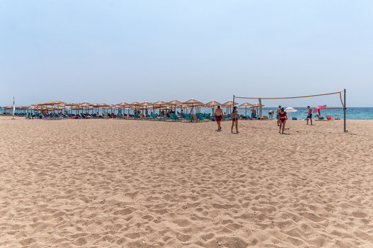 Nea Skioni, Greece - September 06, 2019: Nea Skioni Beach, Kassandra, Chalkidiki, Central Macedonia, Greece. Sand volleyball court