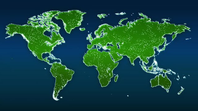 World Map Global Technology Background/ 4k animation of a hi-tech background with technology world map outlines and dots connected