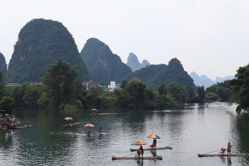 Rafts on the water, Li River, China, Asia. Rafting in Chinese province, countryside.