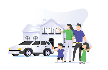 Family house vector illustration. Flat tiny modern property person concept. Real estate exterior with parents, children.