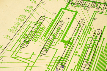 Electric radio scheme printed on old vintage paper electricity diagram as background for education, electricity industries, repair footage etc.