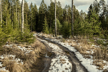 dirty mud road in winter with water on the road surface