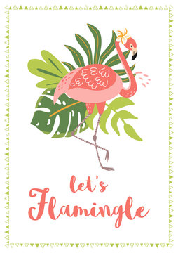 Lets flamingle text for flamingo party invitation Cute pink flamingo with tropical leaves. Vector﻿