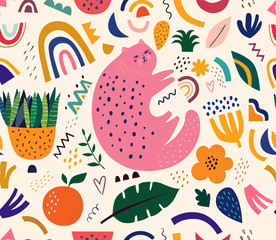 Cute spring seamless pattern with cat. Decorative abstract illustration with colorful doodles. Hand-drawn modern illustration with cats, flowers, abstract elements