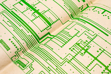 Electric radio scheme printed on old vintage paper documents of electricity diagram as background for education, electricity industries,  repair etc. Selective focus with depth of field.