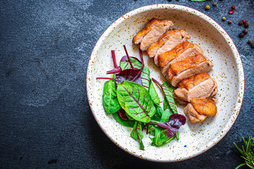 duck breast salad, Menu concept food background keto or paleo diet. top view. copy space for text