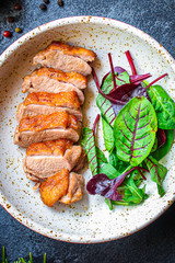 duck breast salad, Menu concept food background keto or paleo diet. top view. copy space for text