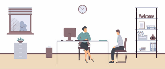 A female boss and a male subordinate sit at a table in loft style office. Concept a woman scolds a underling or conducts an interview with a candidate for position. Vector colourful illustration
