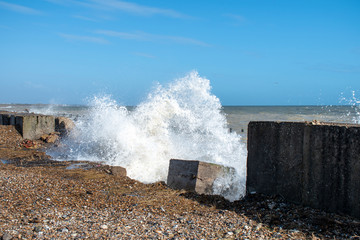 Climping Beach, West Sussex Recent storm damage caused a gap in the sea defence where the sea...