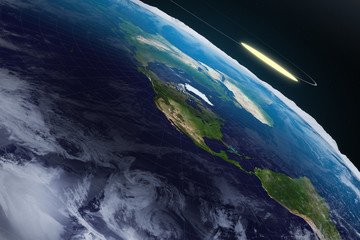 3D Illustration Rendering. Flat earth theory with atmosphere, sun, moon and glass cover. Ancient mythology belief in plane globe in form of disk. Close up