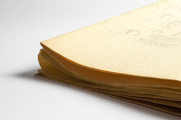 Electric radio scheme printed on old vintage paper documents of electricity diagram as background for education, electricity industries,  repair etc. Paper corners selective focus with depth of field.