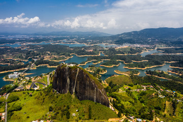 Aerial view landscape of the Rock of Guatape, Piedra Del Penol, Colombia.