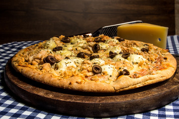homemade pizza with a cheese piece