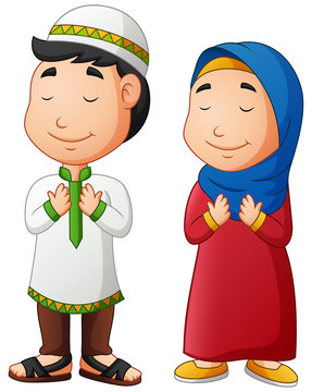 Muslim boy and girl Praying. Vector illustration
