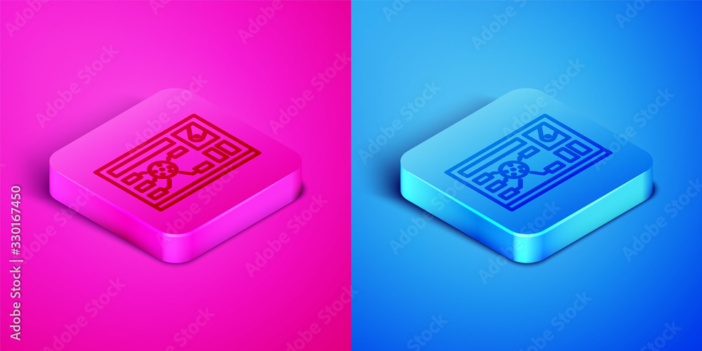 Poster isometric line futuristic hud interface icon isolated on pink and blue background. hologram ui infog