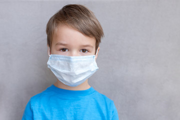 Portrait of Toddler kid wearing medical mask.A boy wearing mouth mask against air smog pollution....