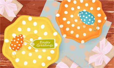 Easter Greetings banner with Easter Eggs, plates, gift box on abstract background, holiday