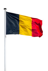 Belgian national flag on flagpole flying in the wind against white background