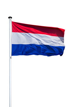 Dutch national flag of the Netherlands on flagpole flying in the wind against white background