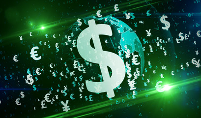 Money symbols on digital globe background