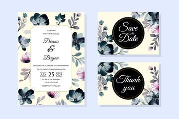 wedding invitation card with green purple floral watercolor background