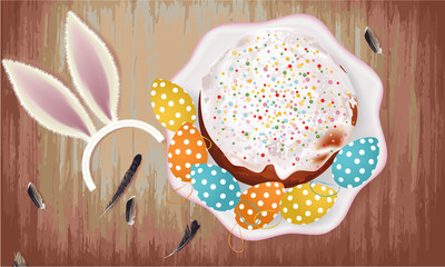 Easter banner with Easter cake, Easter Eggs, plate, feathers, bunny ears on a wooden background, holiday
