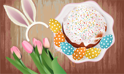 Easter banner with Easter cake, Easter Eggs, plate, bunny ears, tulips on a wooden background, holiday