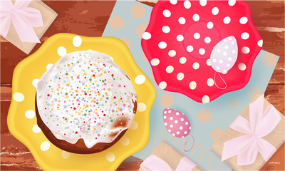Easter banner with Easter cake, Easter Eggs, plates, gift box, napkin on abstract background, holiday
