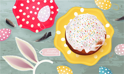 Easter Greetings banner with Easter cake, Easter Eggs, plates, feathers, bunny ears on abstract background, holiday