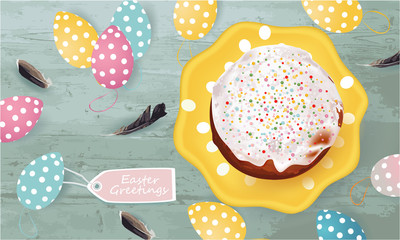 Easter Greetings banner with Easter cake, Easter Eggs, plate, feathers on abstract background, holiday