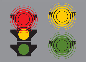 Traffic lights with red, yellow and green colors. Traffic controller on the road. Vector illustration. Traffic regulations. A set of three elements.