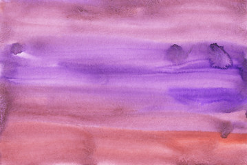 Watercolor purple and coral background texture. Abstract watery dark backdrop painting. Brush strokes on paper.