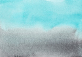 Watercolor light blue and gray gradient background texture. Multicolored soft ombre backdrop, hand painted. Stains on paper. © Kseniya