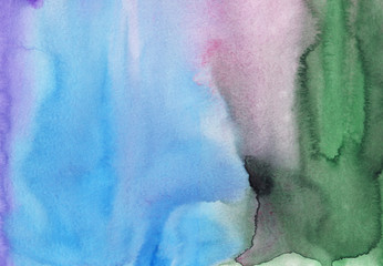 Watercolor calm liquid background. Blue, purple, green, pink stains on paper. Watery backdrop.